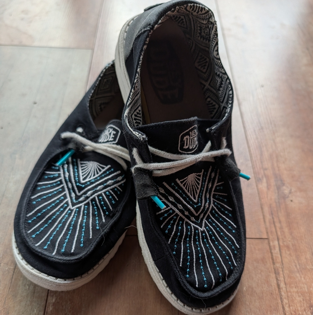 Black Embroidered Hey Dude Shoes Women's Size 8
